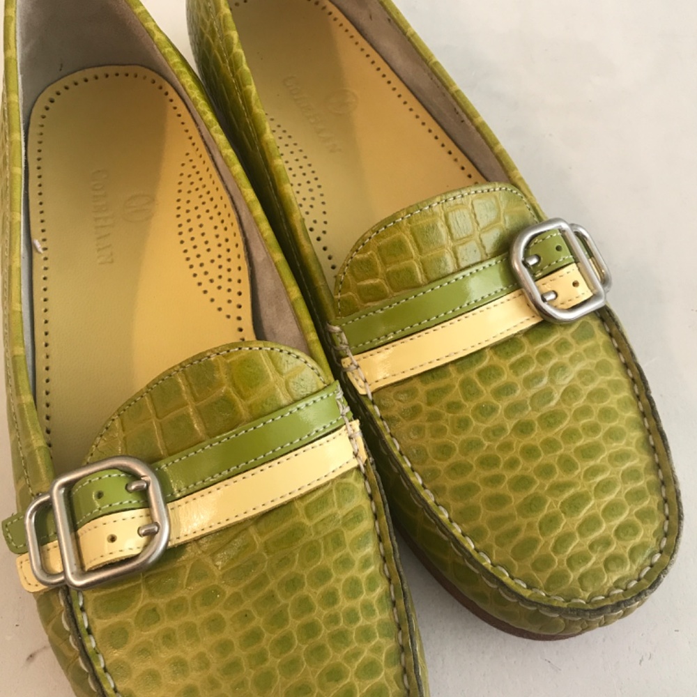 Cole Haan Lime Green Croc-Embossed Leather Loafers with Yellow Accent - Picture 13 of 13